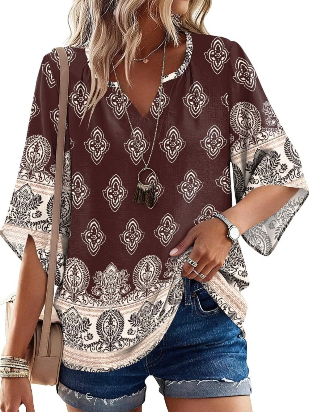 Boho V Neck 3/4 Sleeve Tunic Top for Women - Casual Loose Fit Vacation Shirt